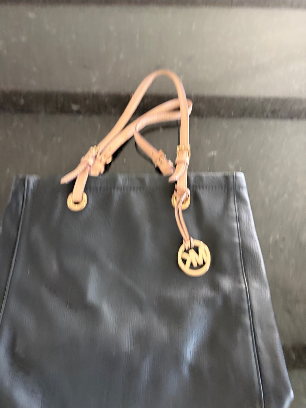 Michael Kors Collection Black Shoulder Bag with Tan Handles and Gold Logo Charm